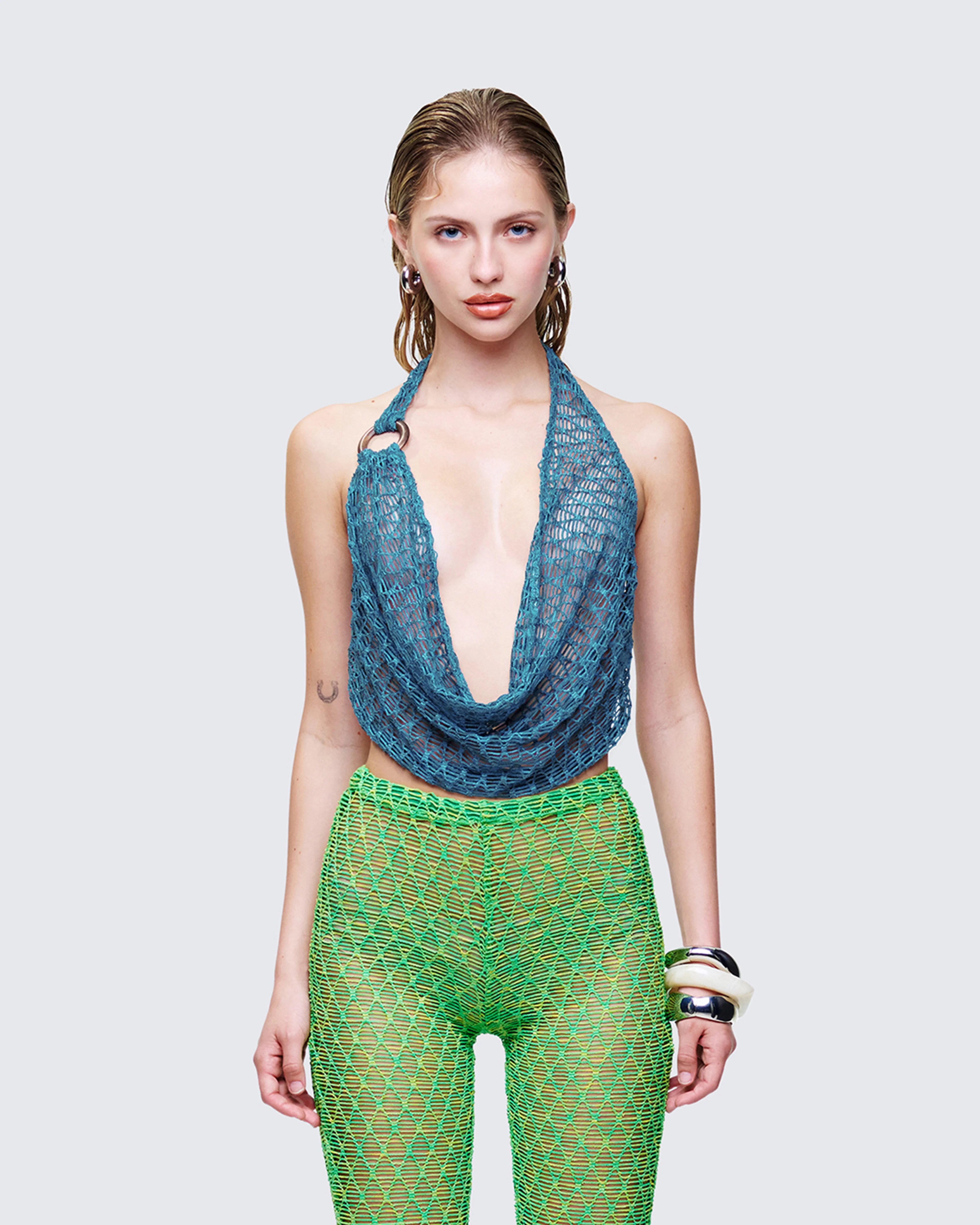 Zayla Blue Net Cowl Neck Top - Image 2