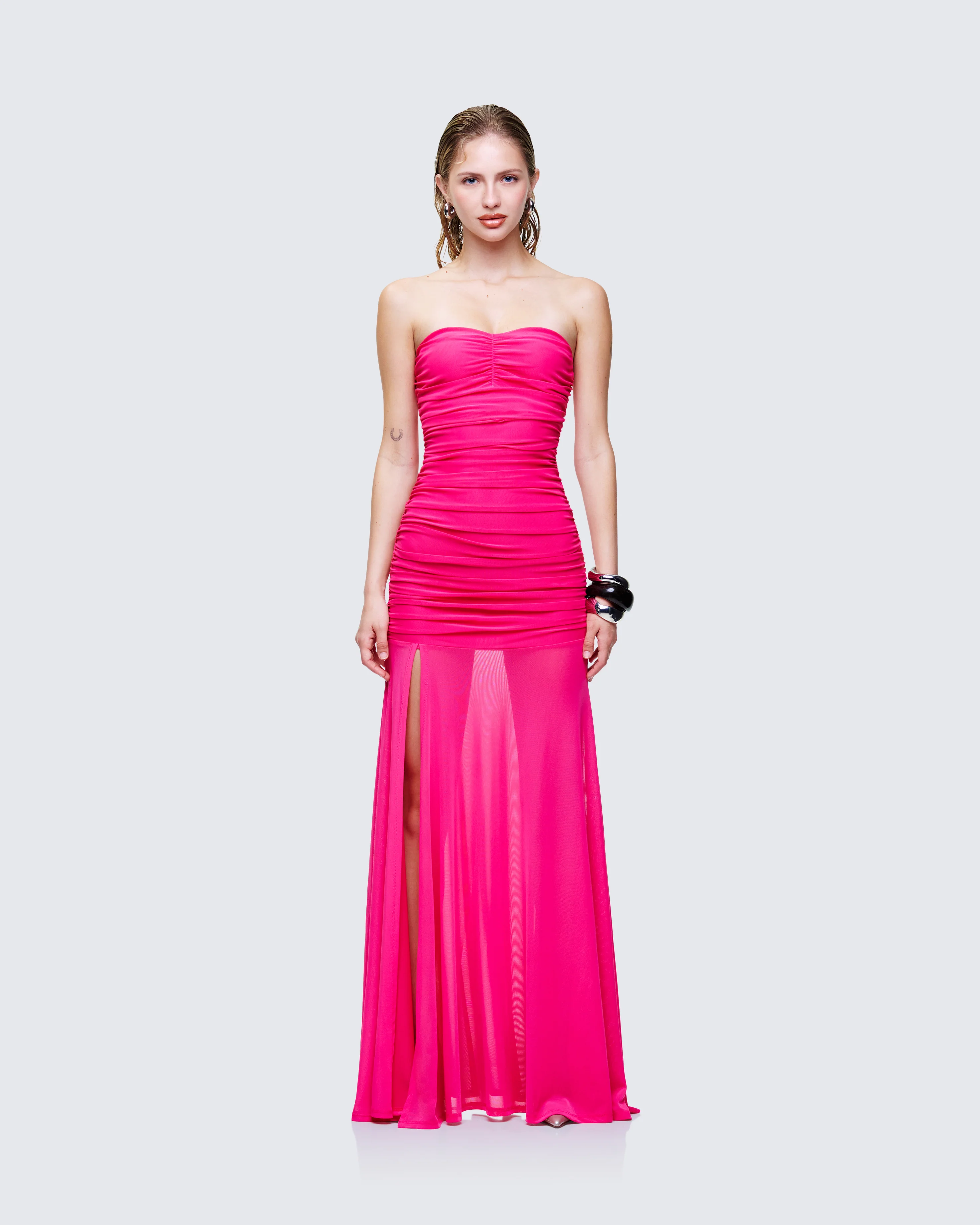 Zea Pink Ruched Mesh Maxi Dress - Image 2
