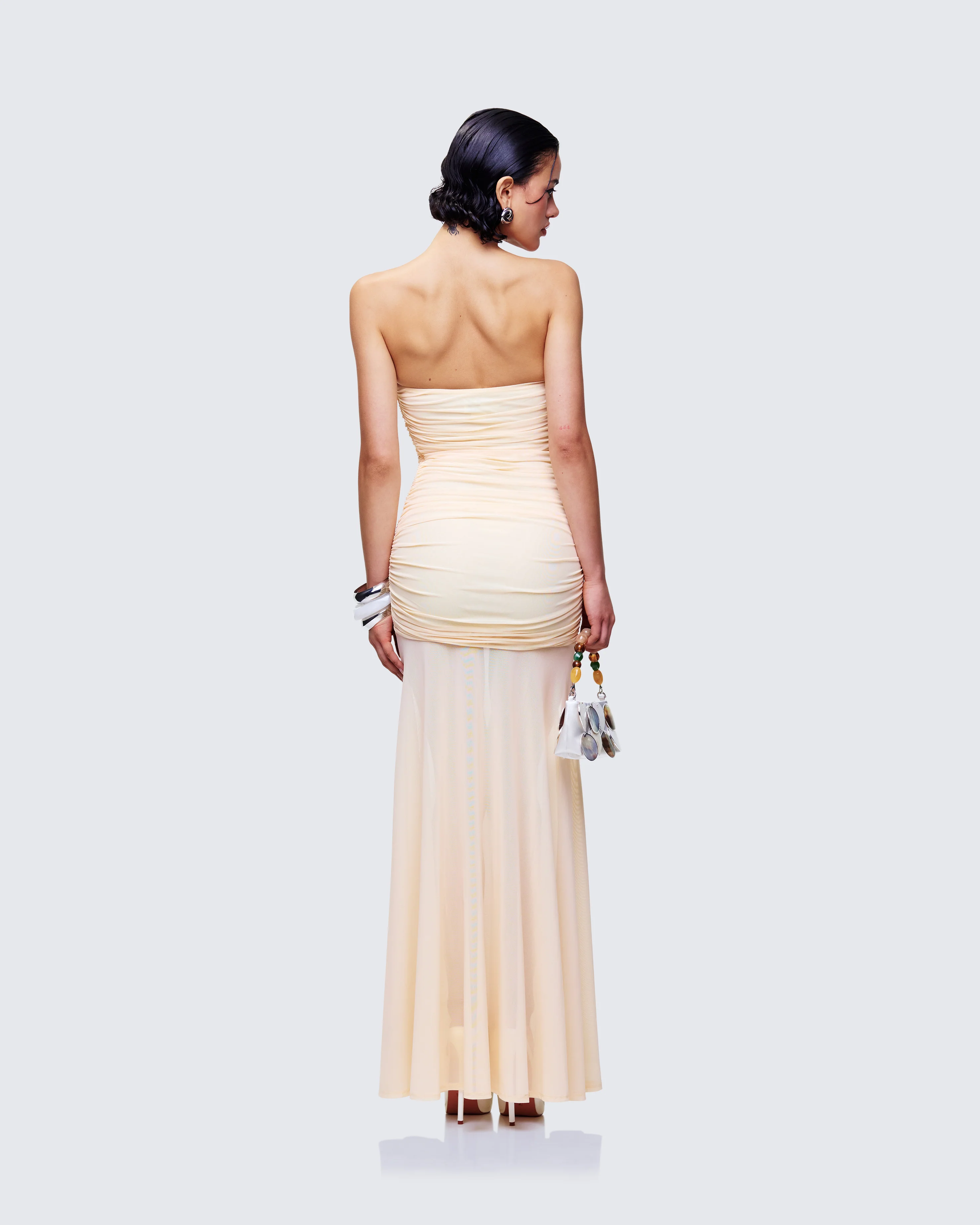 Zea Yellow Ruched Mesh Maxi Dress - Image 5