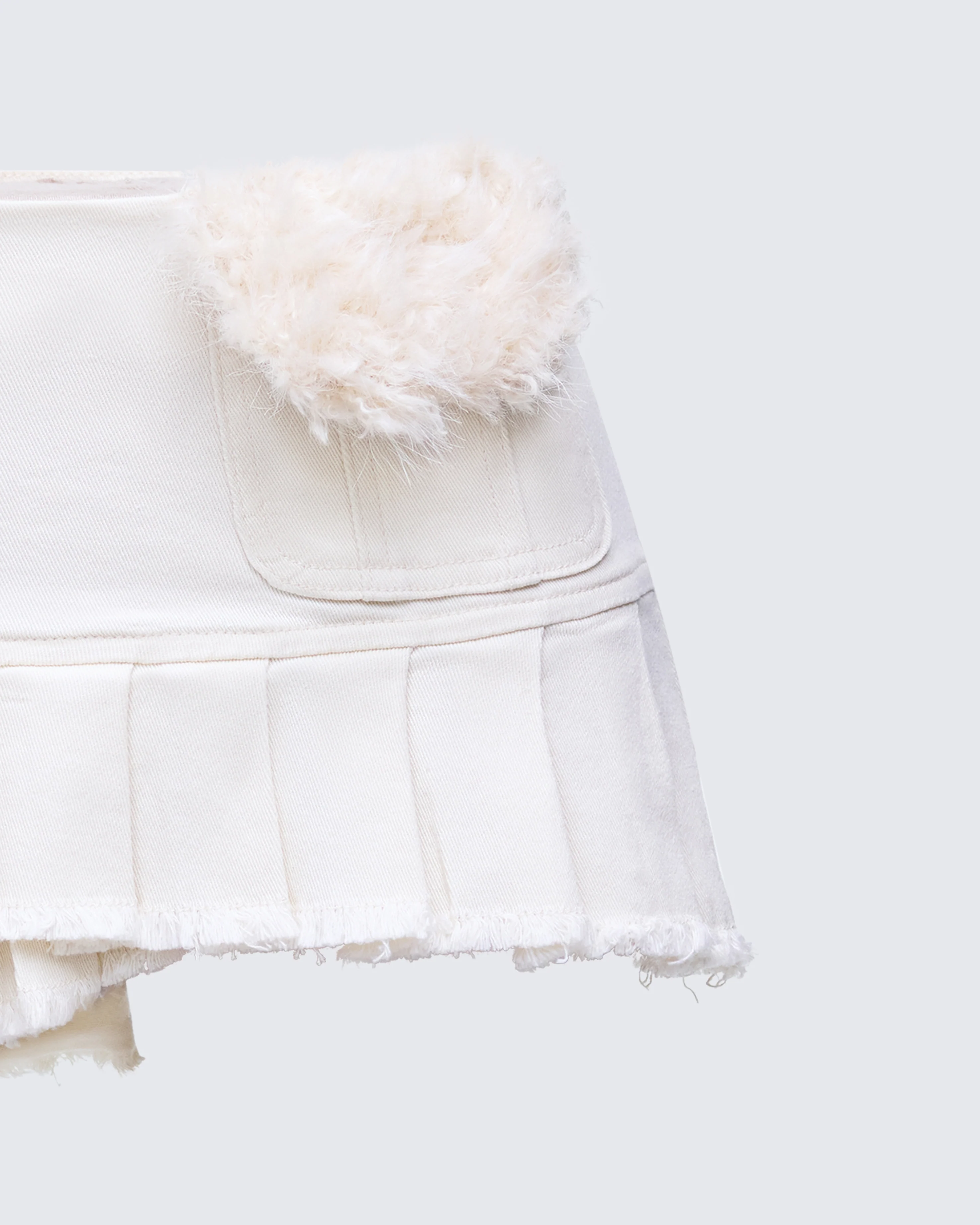 Zefira Ivory Fur Trim Distressed Mini Skirt - Image 6