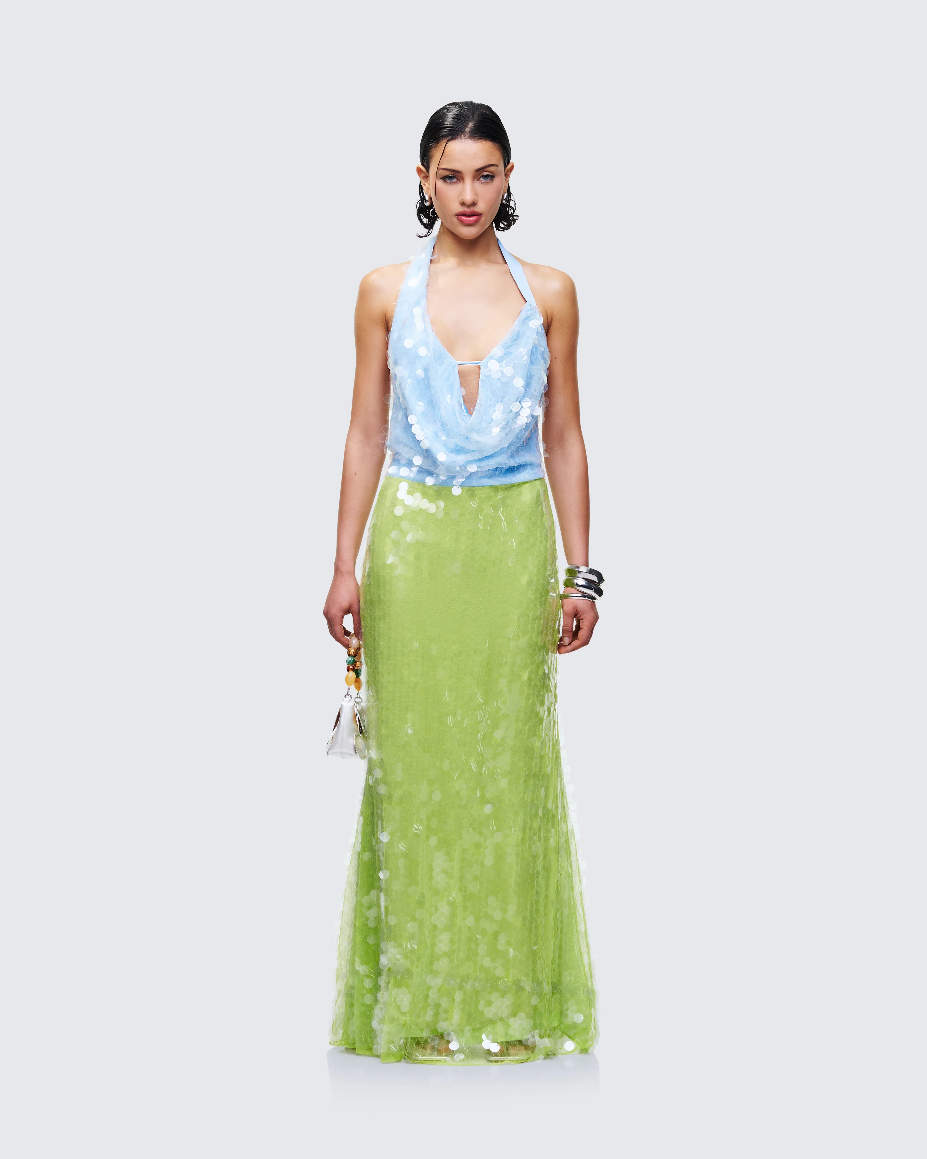 Zelda Blue Sequin Cowl Neck Maxi Dress - Image 2
