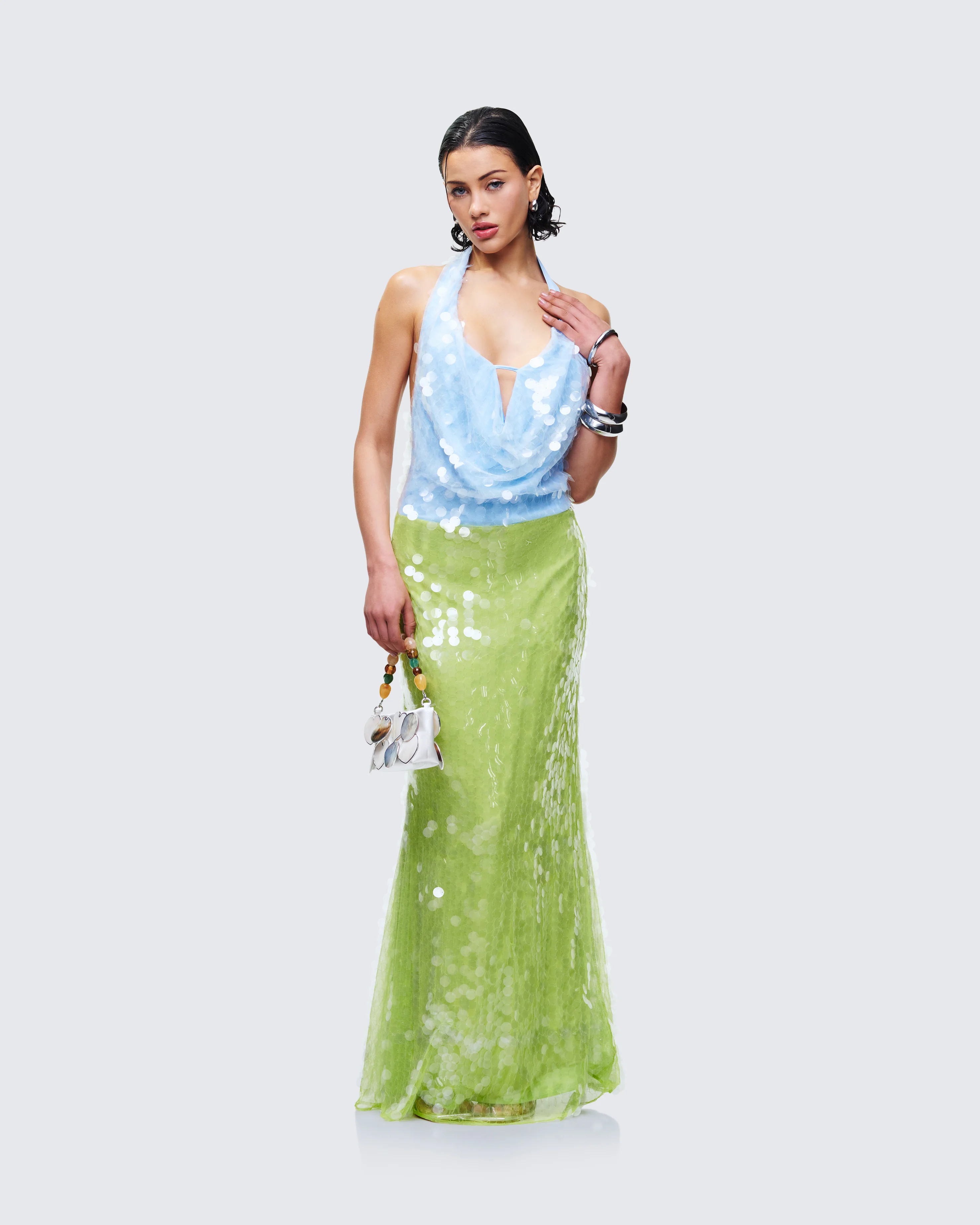 Zelda Blue Sequin Cowl Neck Maxi Dress - Image 4