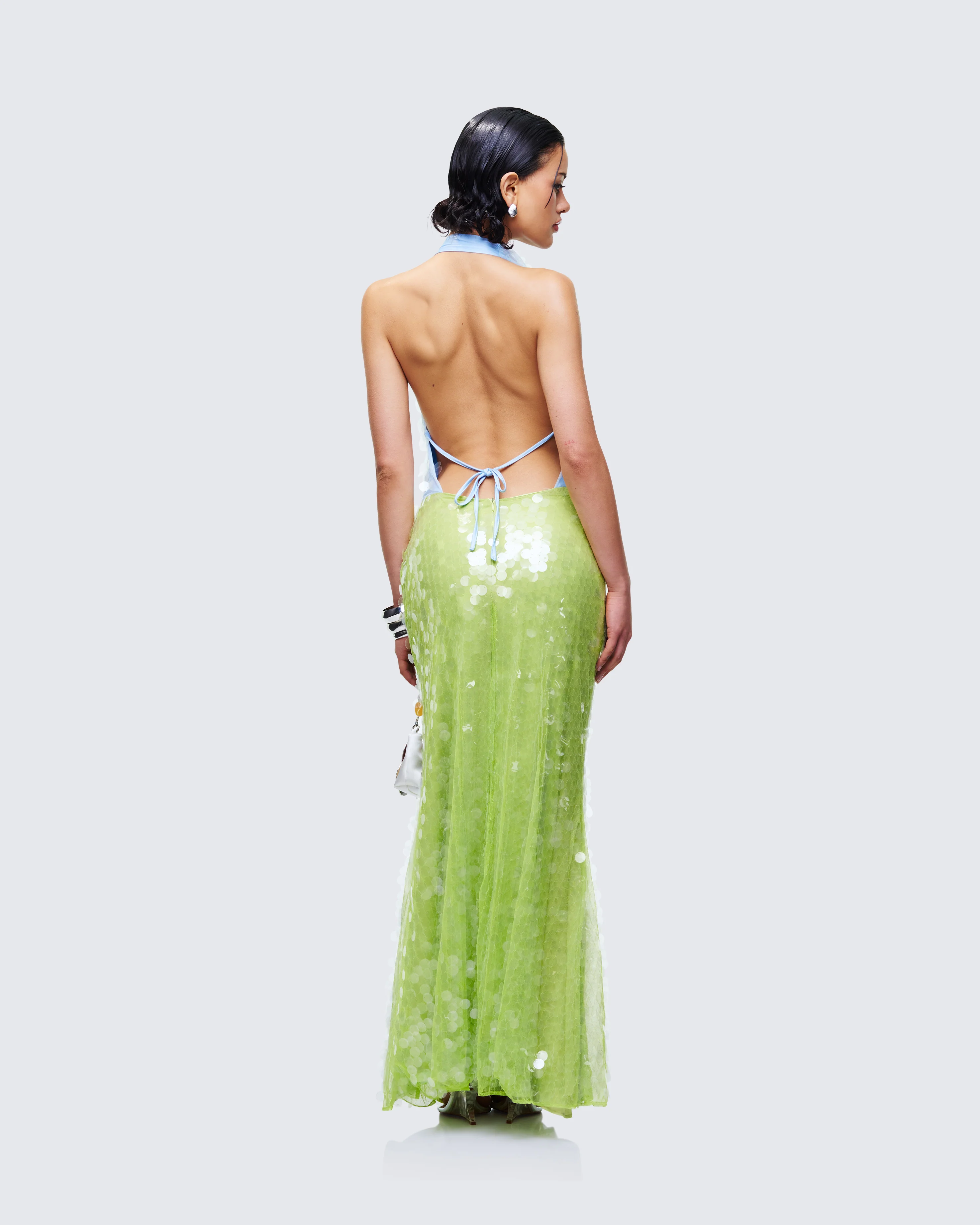 Zelda Blue Sequin Cowl Neck Maxi Dress - Image 5
