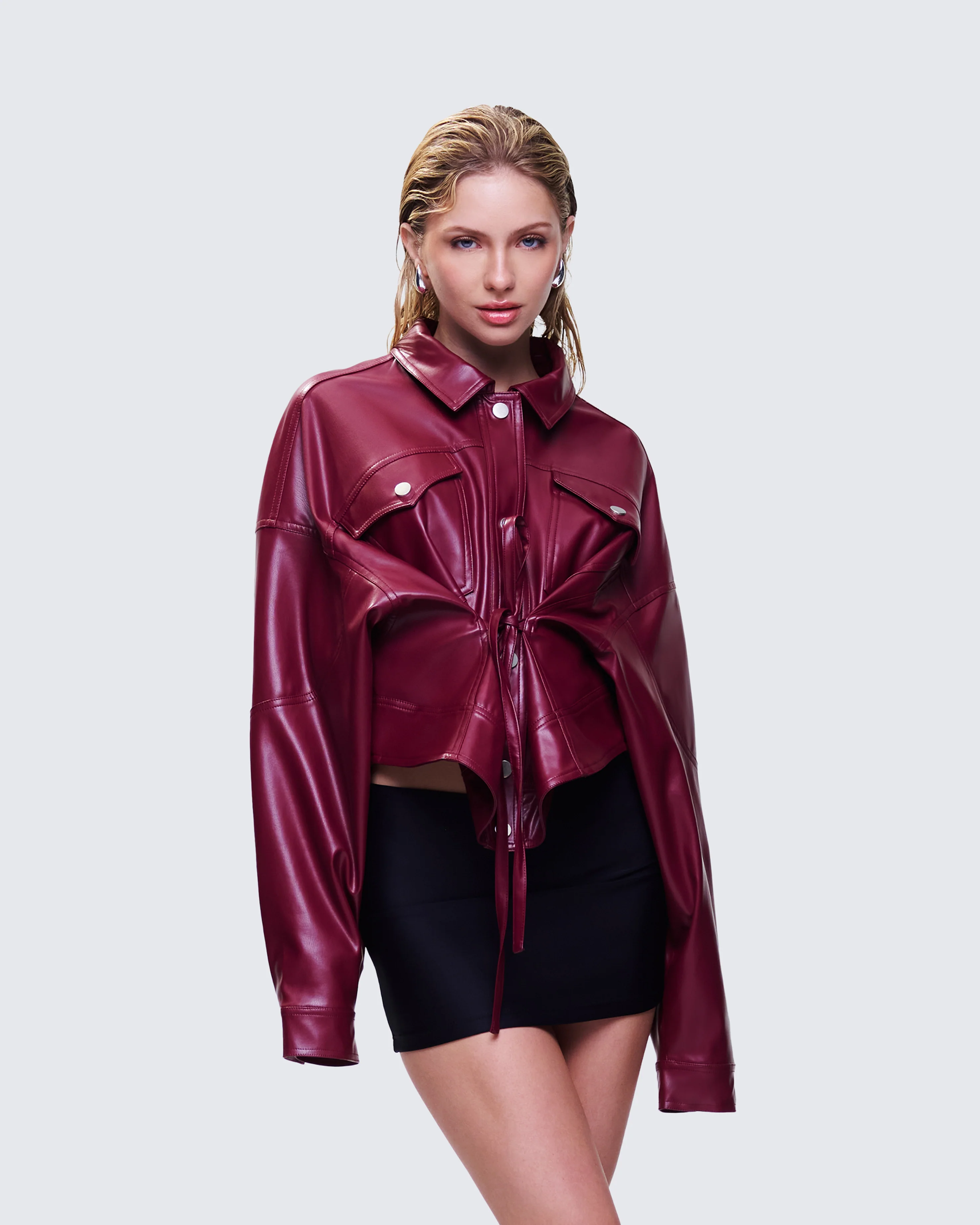 Zui Maroon Vegan Leather Oversized Cropped Jacket - Image 5